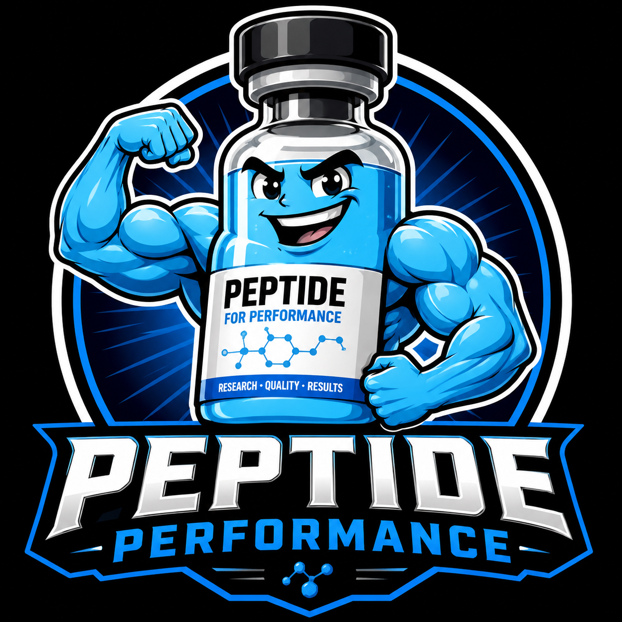 Peptide Performance muscular vial mascot logo